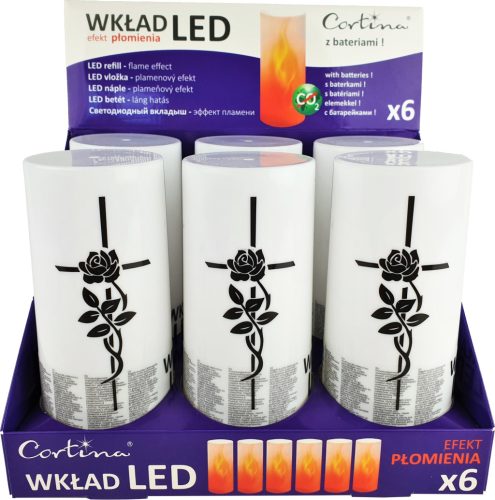LED mécsesbetét, kereszt-rózsa díszítéssel, 13,8 cm