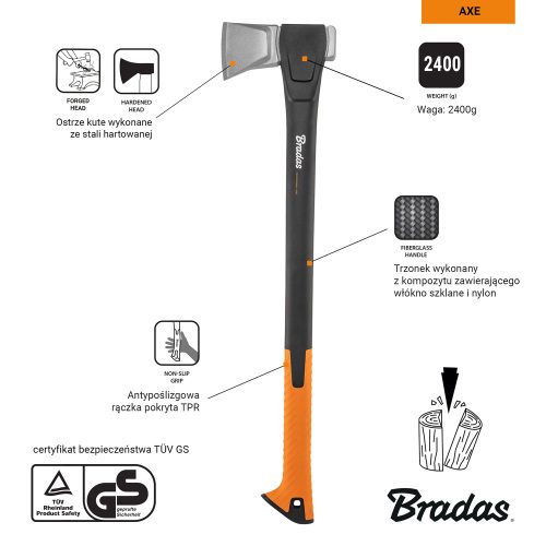 Hasító fejsze üvegszálas nyéllel 2400g, NYLON PROFESSIONAL BRADAS