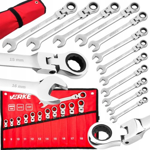 Racsnis csuklós villáskulcs klt. 12db-os, 8-19mm VERKE