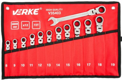 Racsnis csuklós villáskulcs klt. 12db-os, 8-19mm VERKE