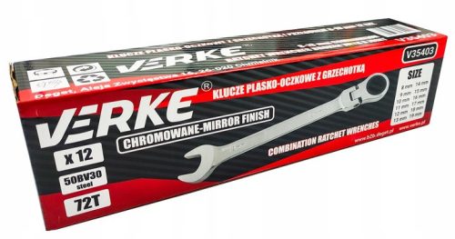 Racsnis csuklós villáskulcs klt. 12db-os, 8-19mm VERKE