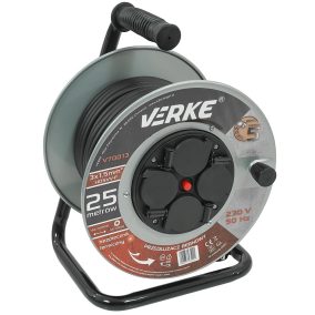   Acél kábeldob 3x1,5mm , 4db hermetikus aljzattal, hosszabbítókábel 25m VERKE