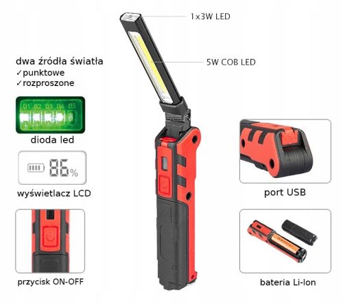 COB munkalámpa 360 lm + 140 lm, 2000 mAh VERKE
