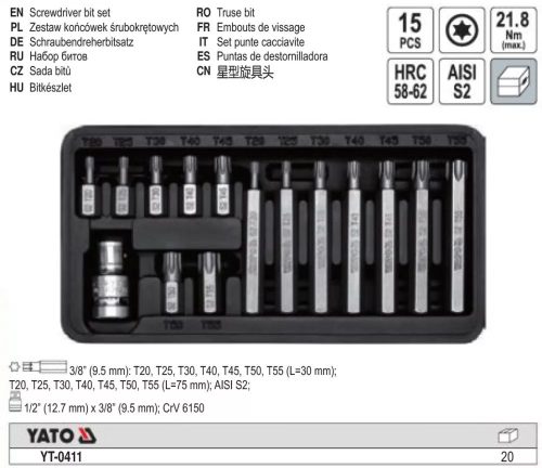 Kulcs klt., 15 db-os TORX C.V. T20-T55 YATO (R5)