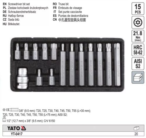 Kulcs klt., 15 db-os TORX SECURITY C.V. T25-T55 (furattal) YATO (R2)